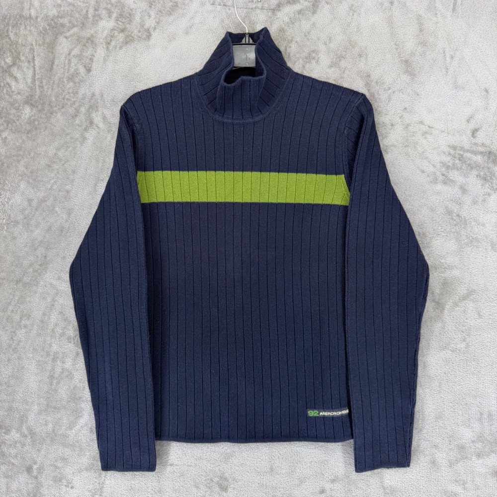 Vintage Abercrombie and Fitch Navy Ribbed Mock Neck Sweater‎ Green Stripe Mens S